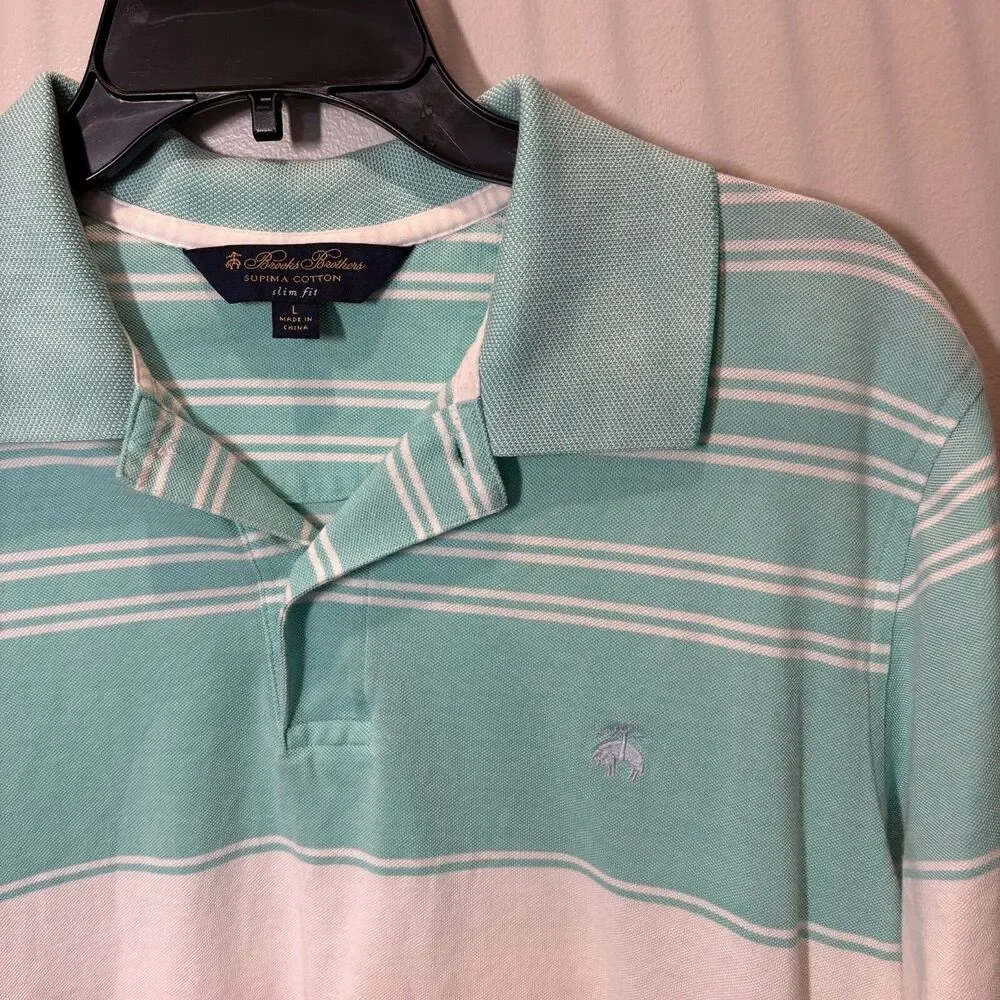 Brooks Brothers slim fit short sleeve polo Men's Large supima cotton aqua stripe